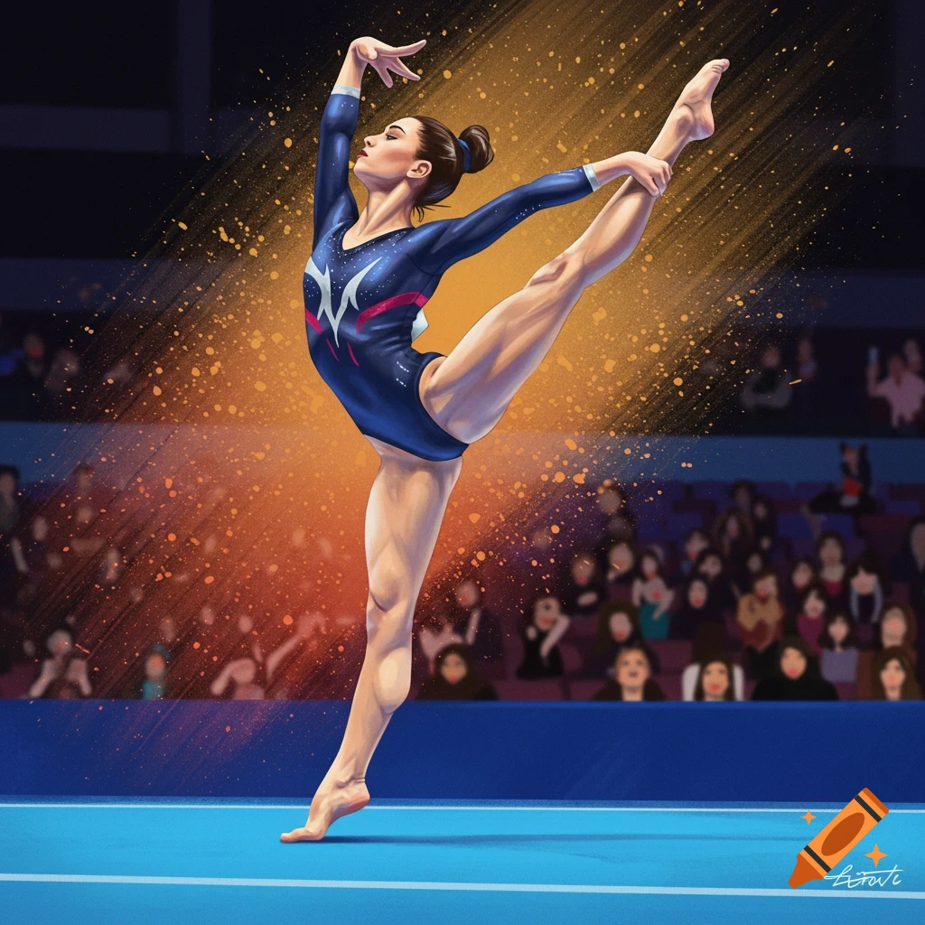 Stylized illustration of a female gymnast performing a balance beam routine in an arena.