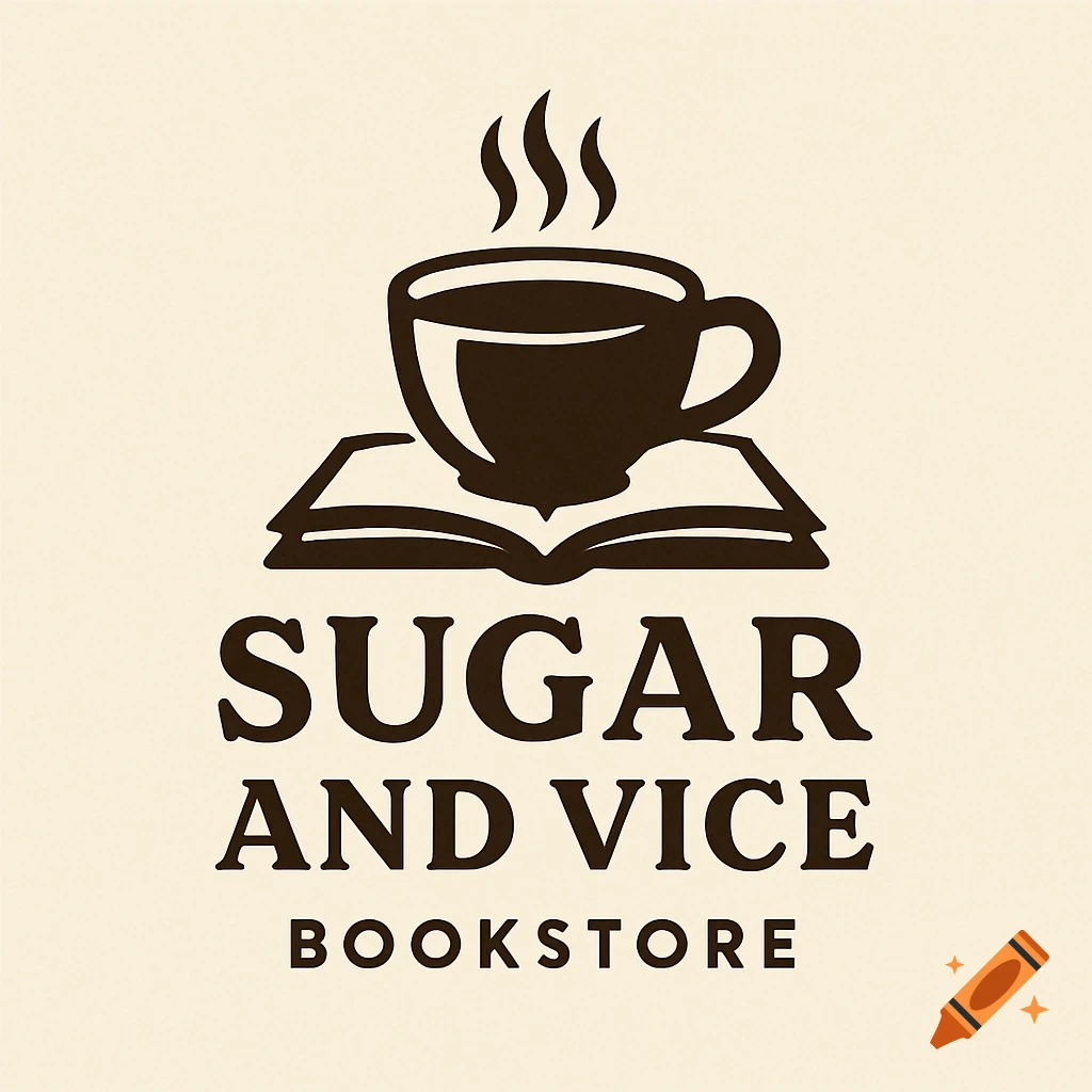 A logo featuring a coffee cup steaming atop an open book, with the text "Sugar and Vice Bookstore" below.