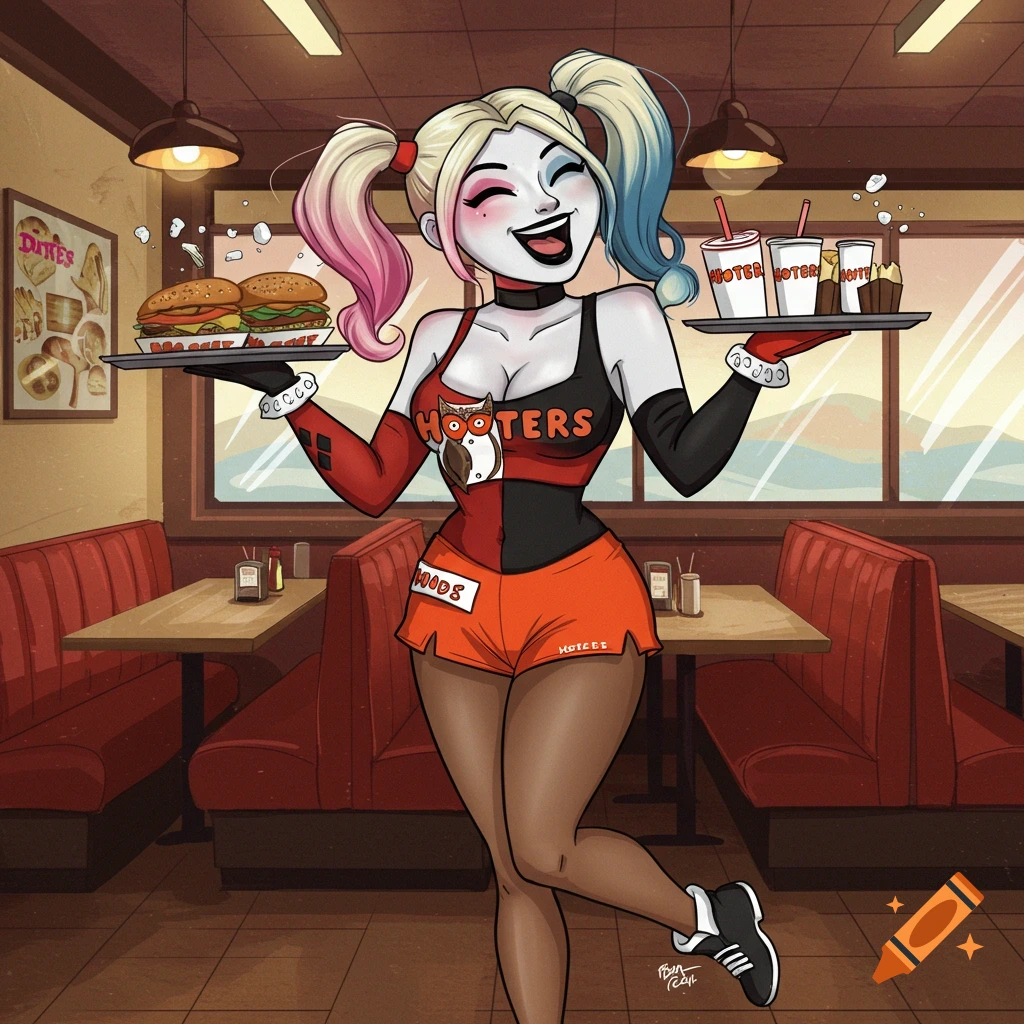 A cartoon of Harley Quinn dressed as a Hooters server holding trays of burgers and drinks.