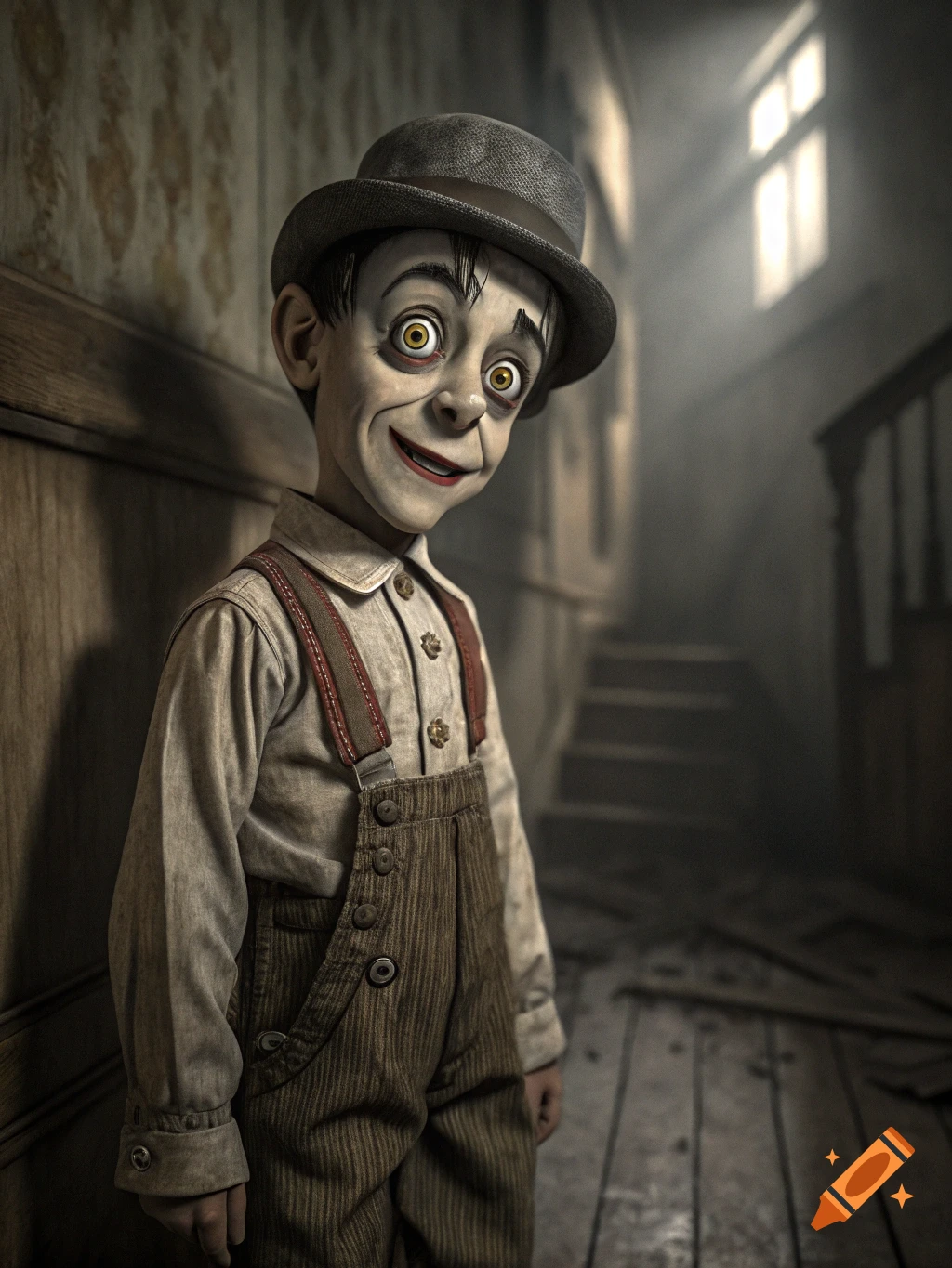 A creepy doll in a hat and overalls stands in a dark room with a staircase.