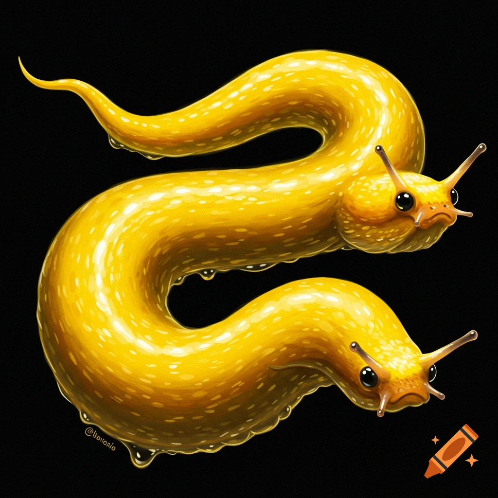 Two bright yellow slug-like creatures on a black background with water droplets.
