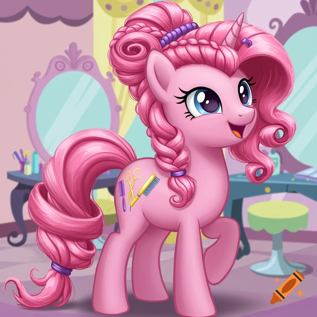 Pink cartoon pony in a salon with a braided hairstyle and scissors/comb cutie mark.