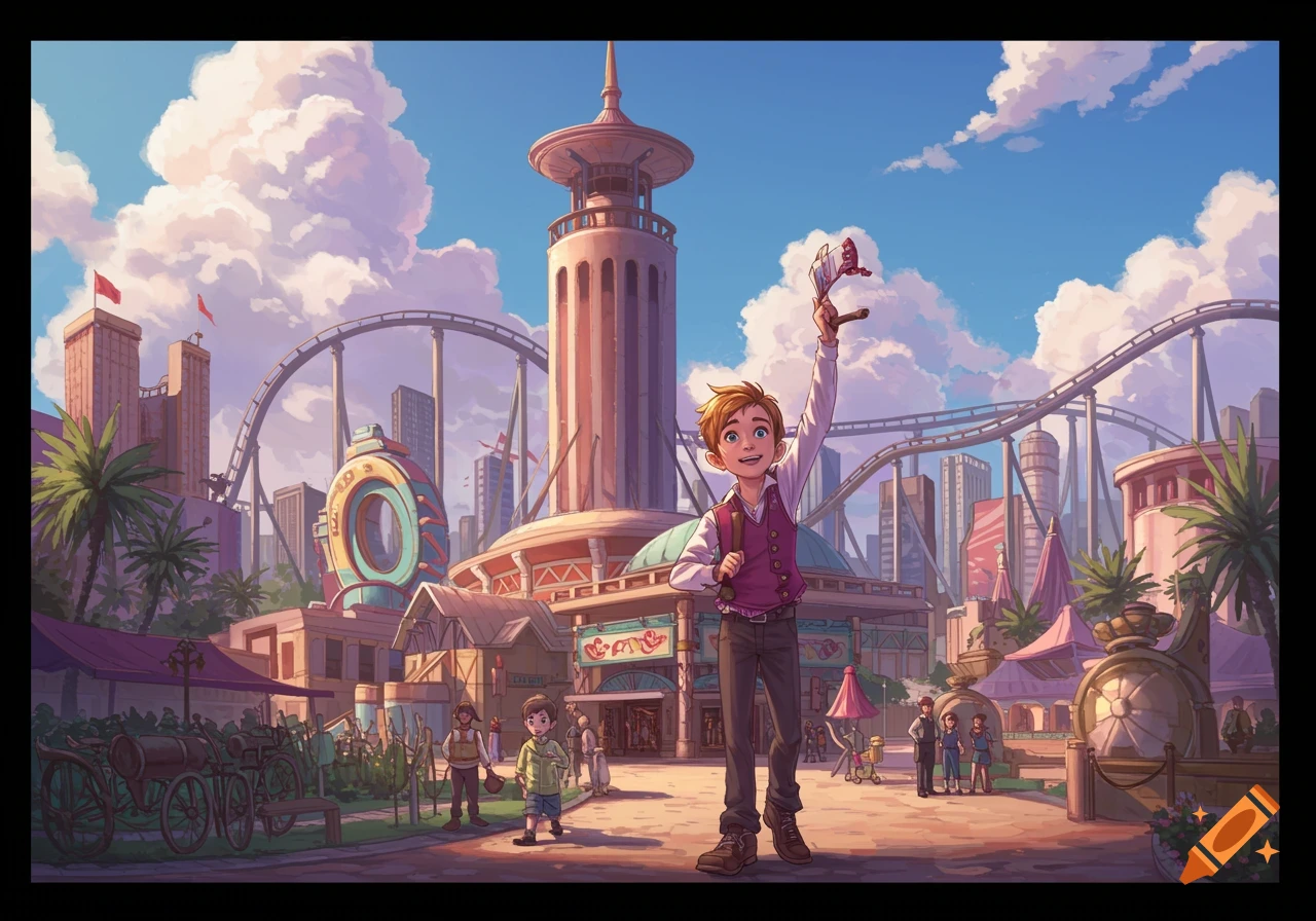 Cartoon boy holds a toy plane in front of a detailed theme park entrance with a tower and roller coaster under a cloudy sky.