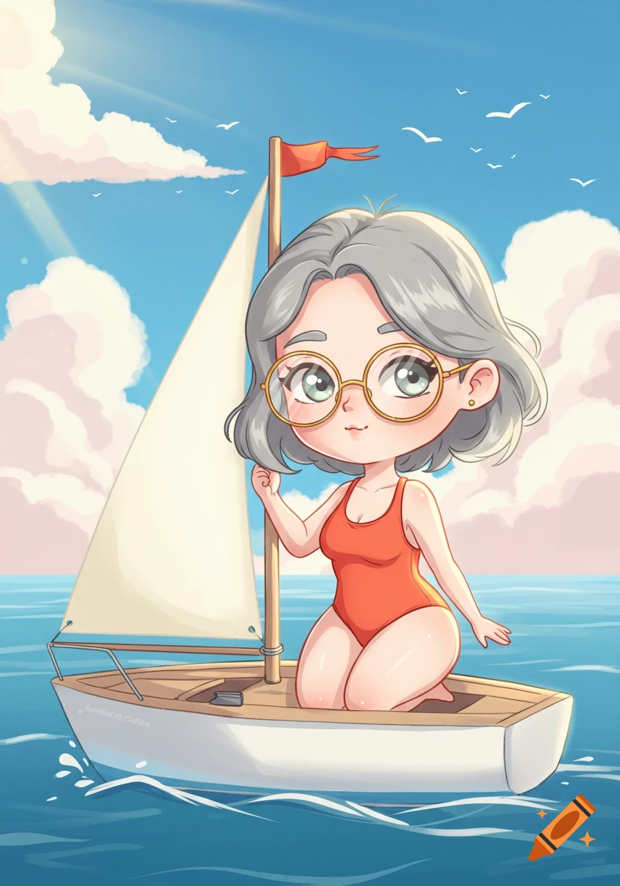 Cute anime woman in swimsuit and glasses kneeling on a sailboat.