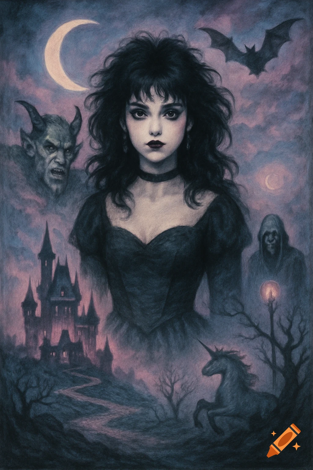 Dark fantasy illustration of a gothic woman surrounded by creatures and a castle under a crescent moon.