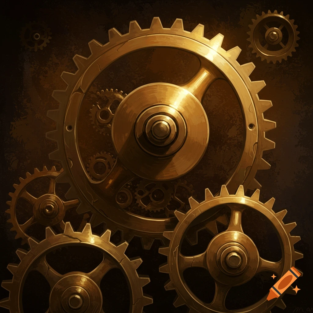 Golden gears against a dark background.