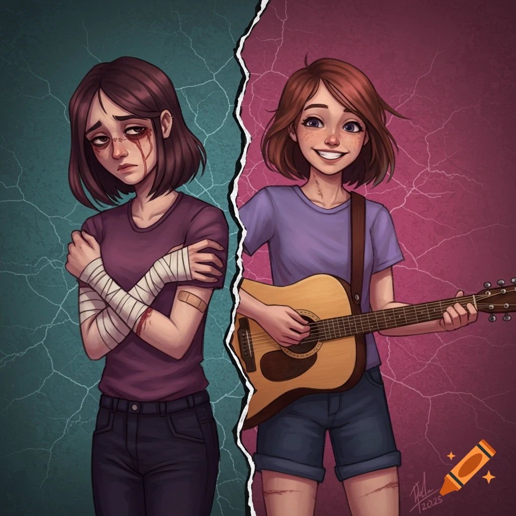 Illustration of a split image showing a sad injured girl on the left and a happy girl with a guitar and healed scars on the right