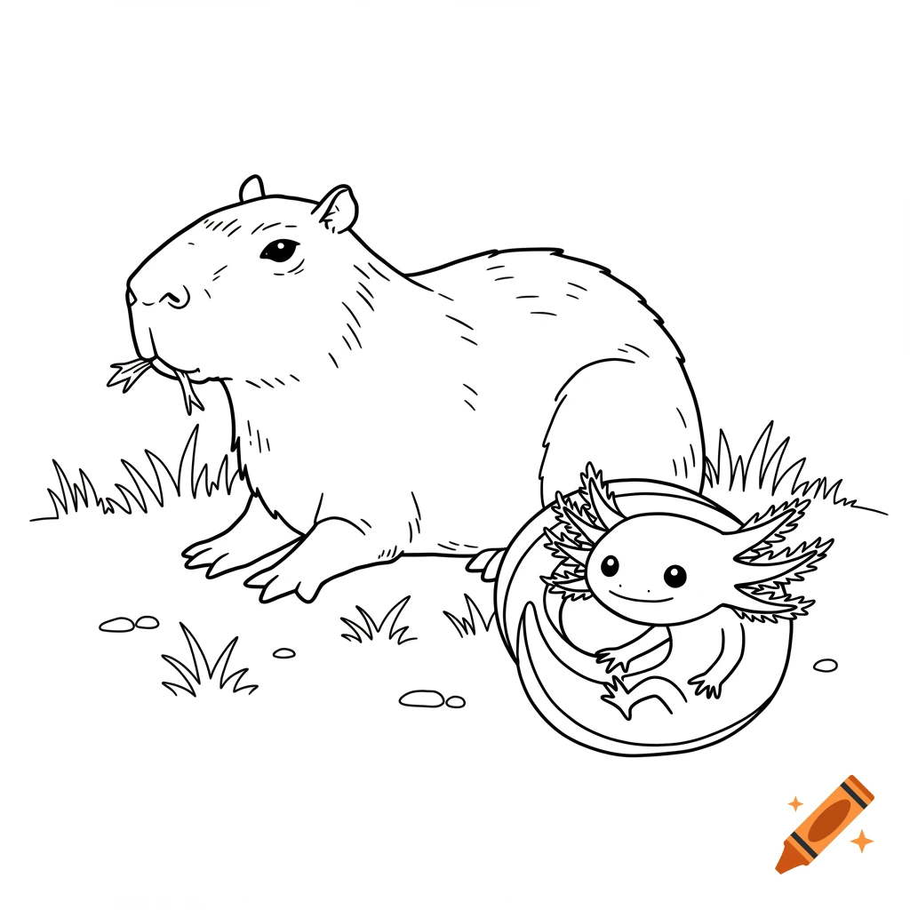 Black and white line drawing of a capybara eating grass next to an axolotl.