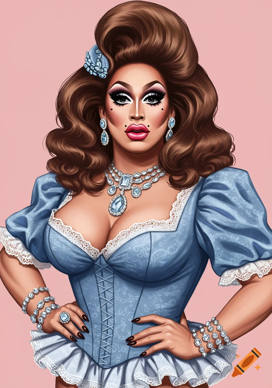 A stylized portrait of a drag queen with elaborate makeup, large brown hair, jewelry, and a blue dress.
