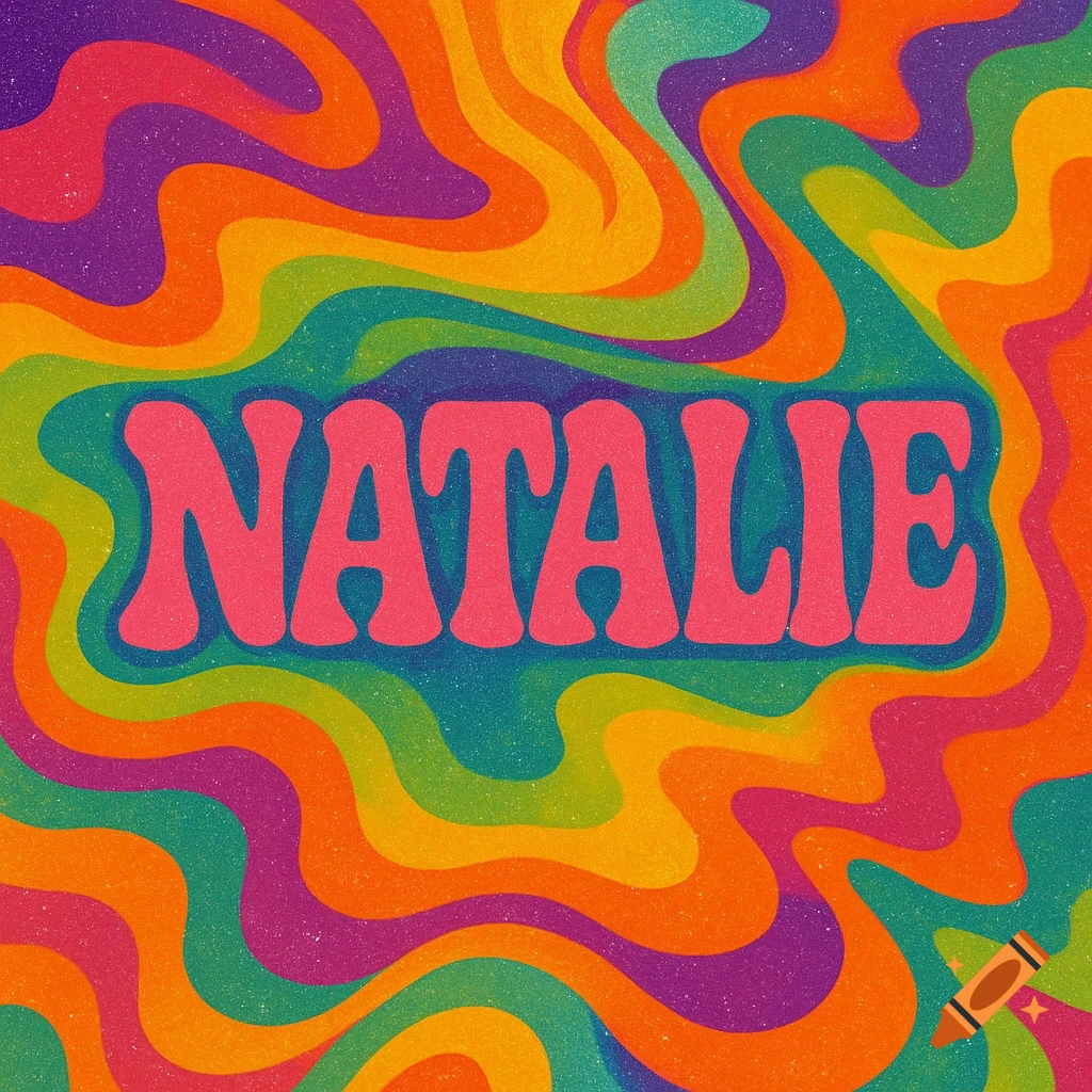 Retro psychedelic swirling colors with the name NATALIE in pink text.