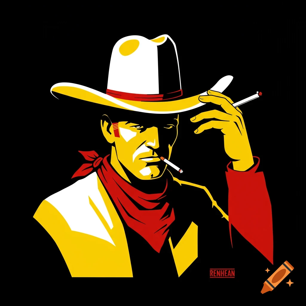 Minimalist pop art illustration of a cowboy smoking a cigarette and touching his hat.