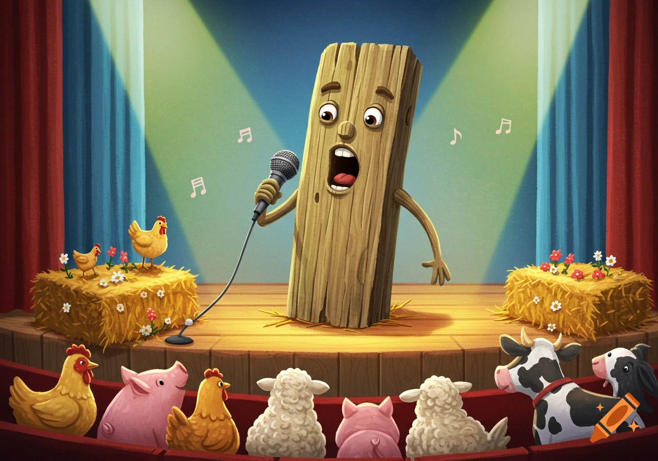 A cartoon log character sings on a stage to an audience of farm animals including chickens, pigs, sheep, and cows.