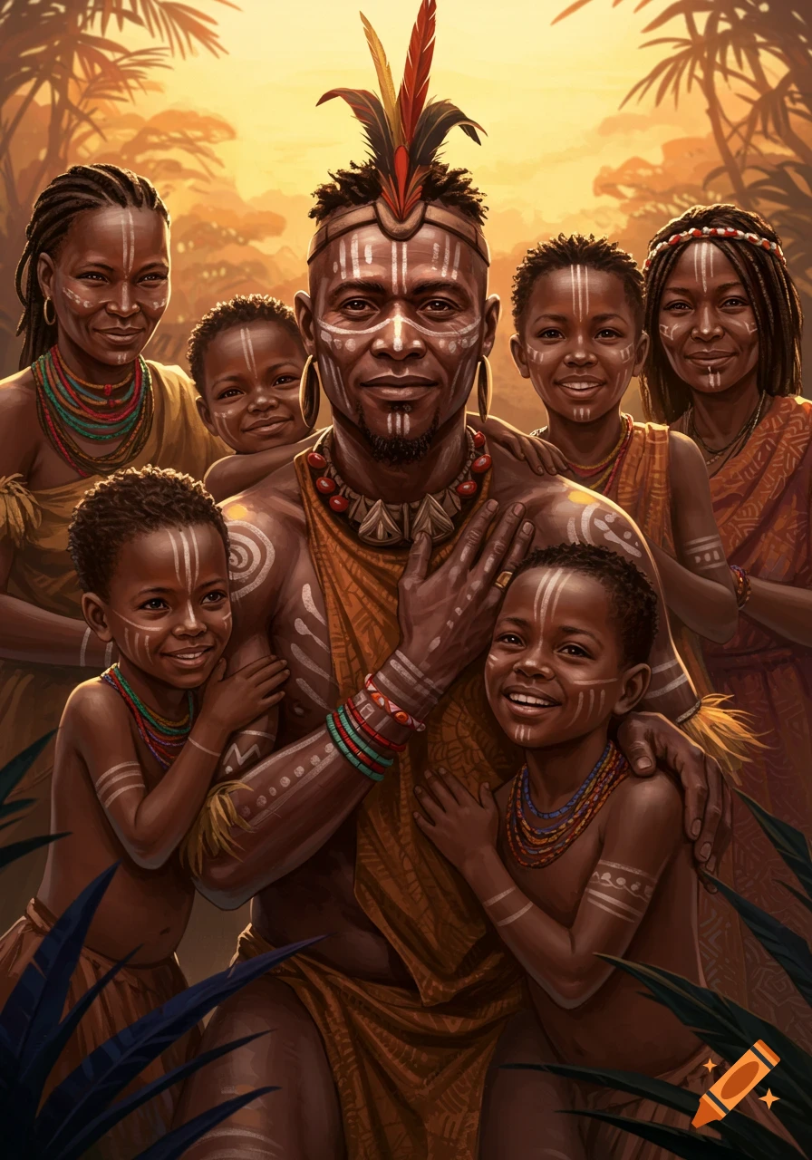 Tribal man with face paint and feathers embracing his family in a forest at sunset