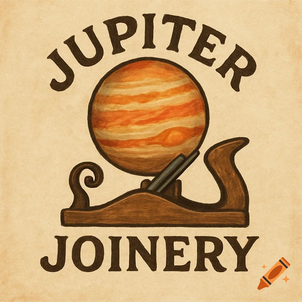 A logo featuring the planet Jupiter above a wood plane, with the text "JUPITER" curved above and "JOINERY" below. Stylized illustration on textured paper.