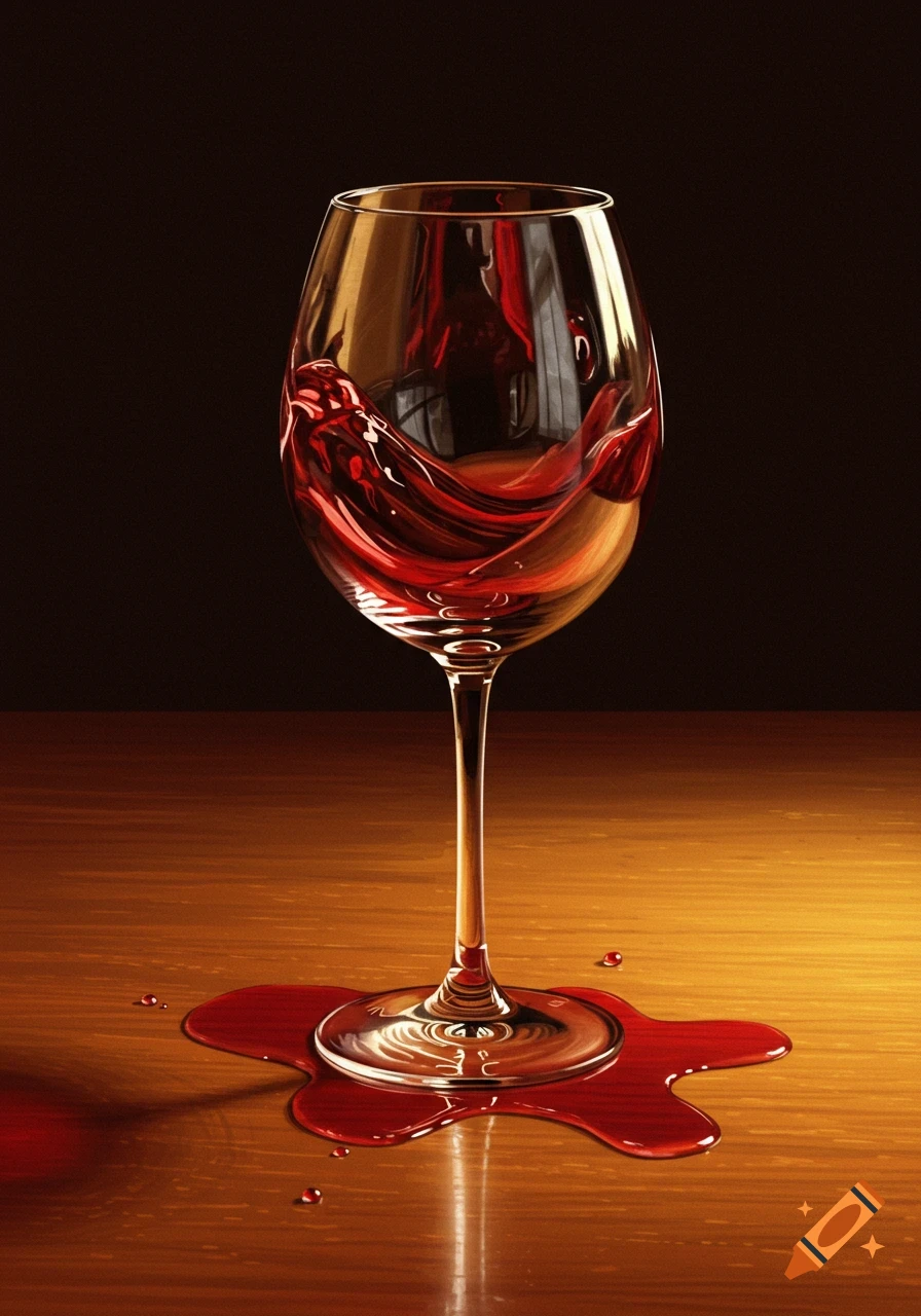 A photorealistic image of a wine glass spilling red wine onto a wooden table.