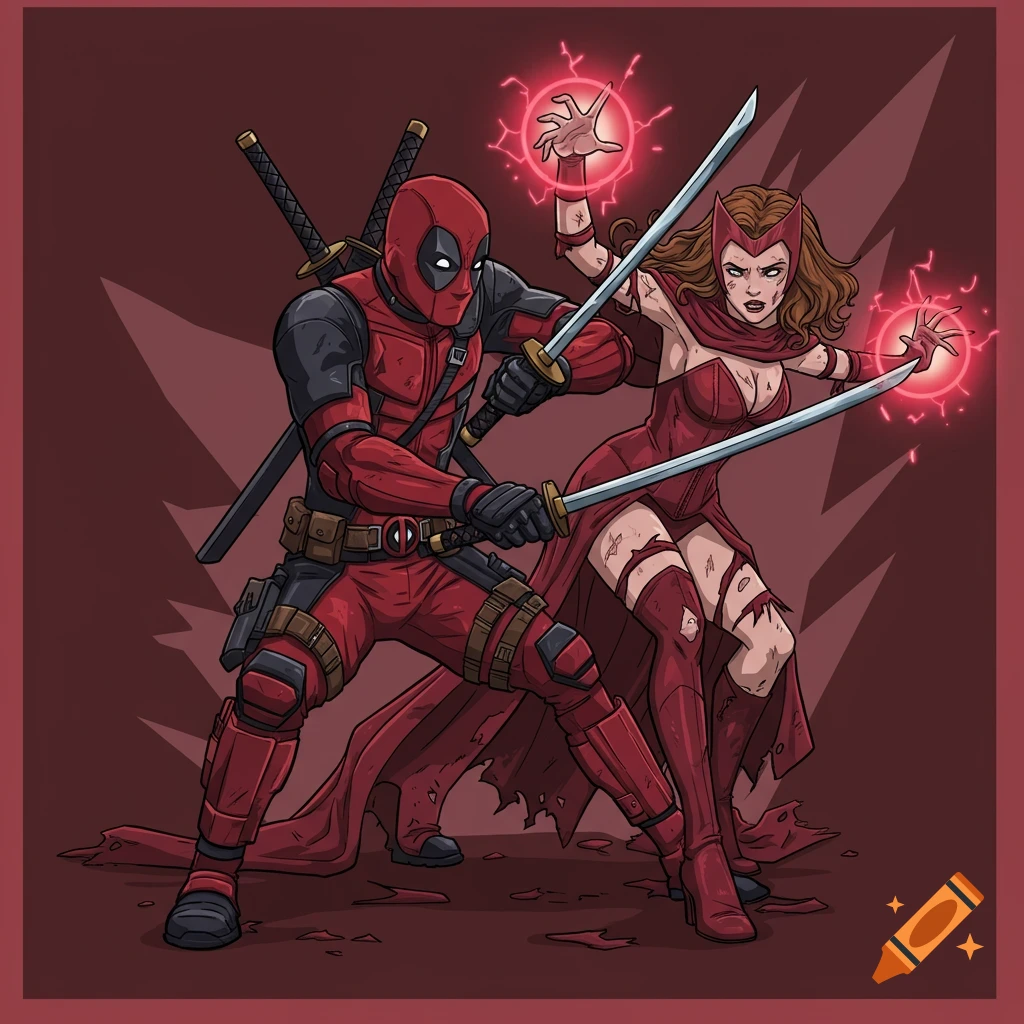 Deadpool and Scarlet Witch face off with swords and magic in a comic book illustration style.