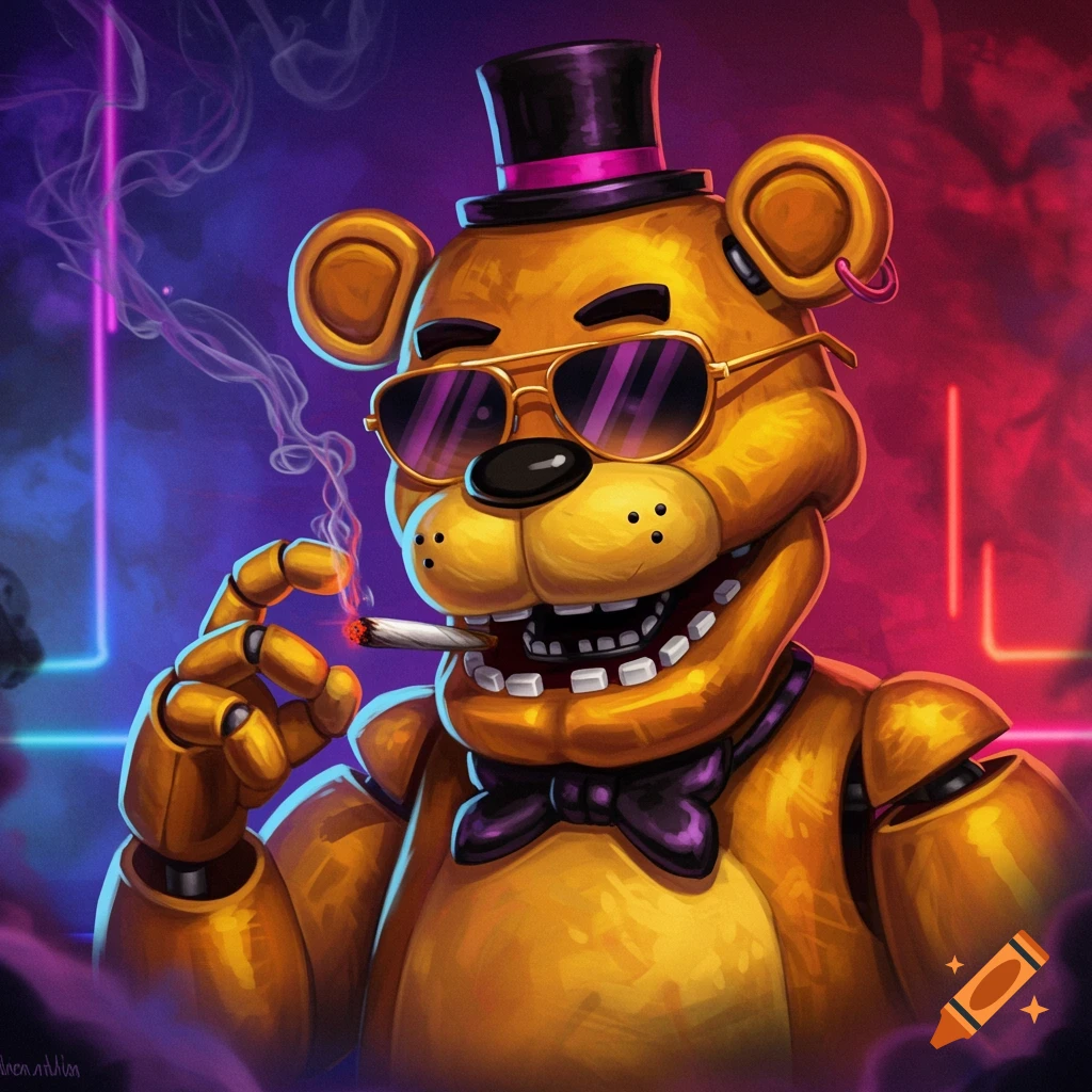 Stylized portrait of Golden Freddy from FNAF wearing a top hat and sunglasses, smoking a joint.
