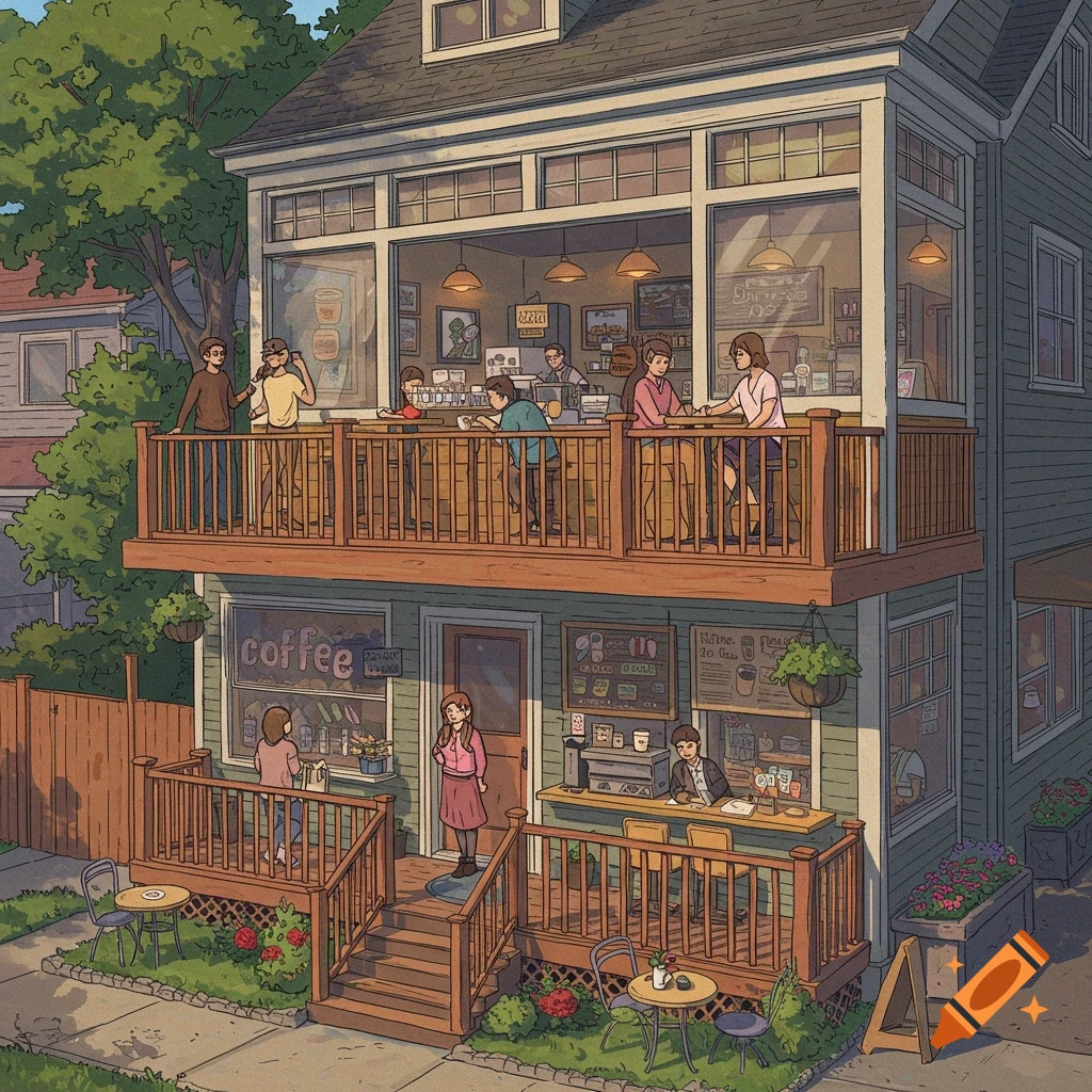 Lo-fi drawing of a two-story coffee shop with customers and staff inside and outside on balconies and patios.