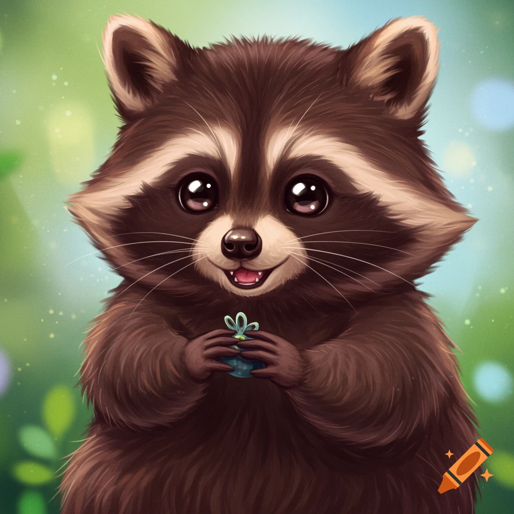 A cute, smiling cartoon raccoon holds a small gift.
