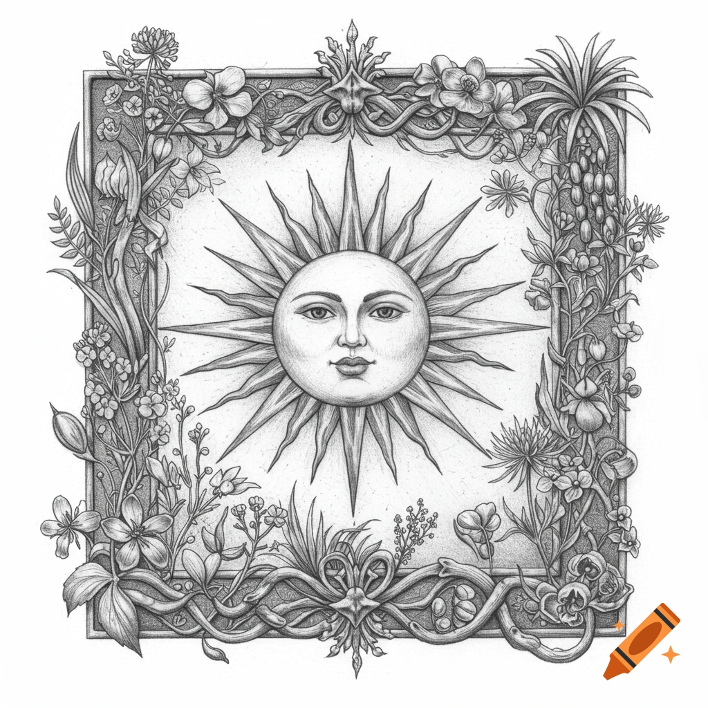Black and white pencil drawing of a sun face surrounded by a detailed botanical border.