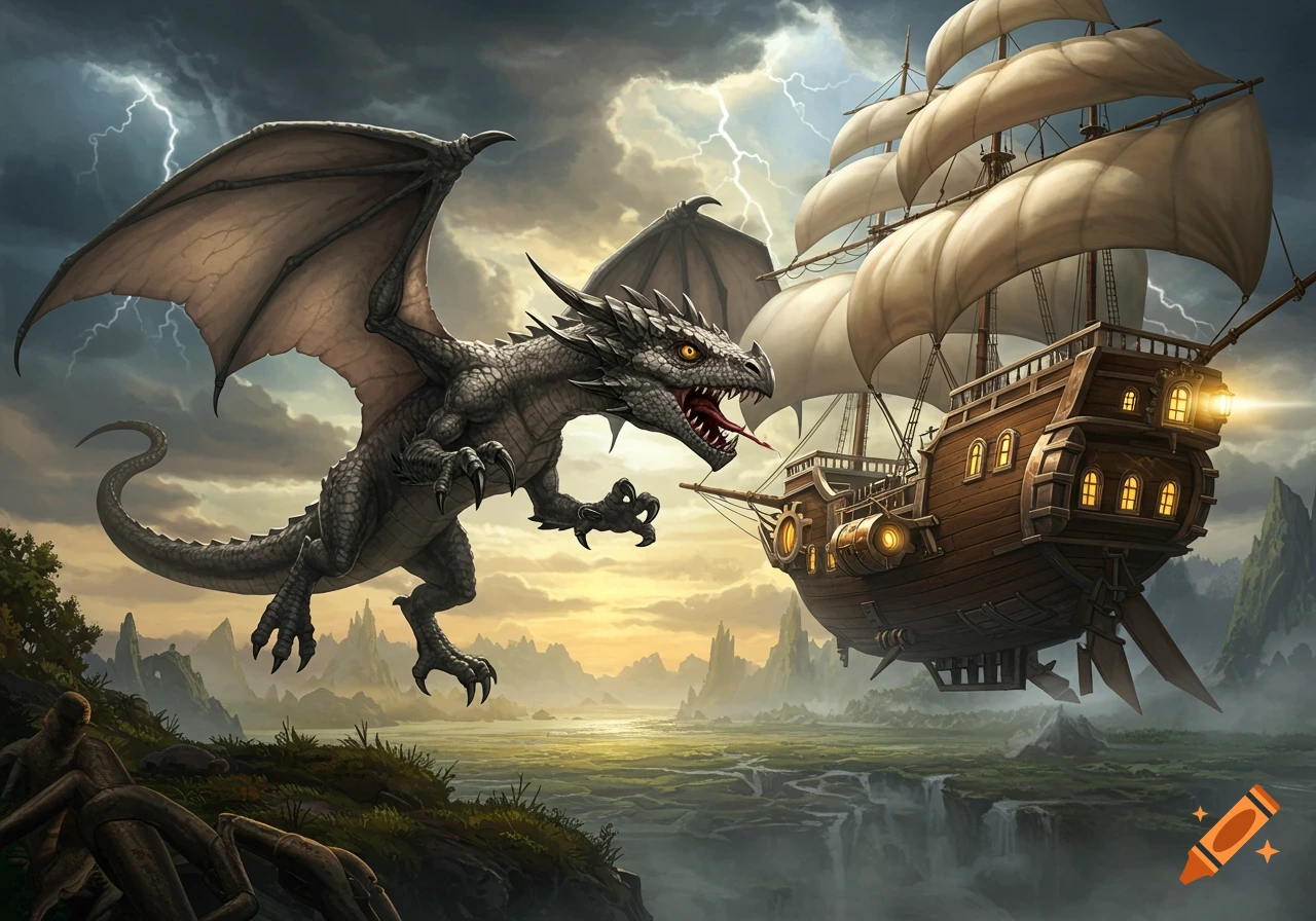 A dragon attacks an airship in a stormy fantasy landscape