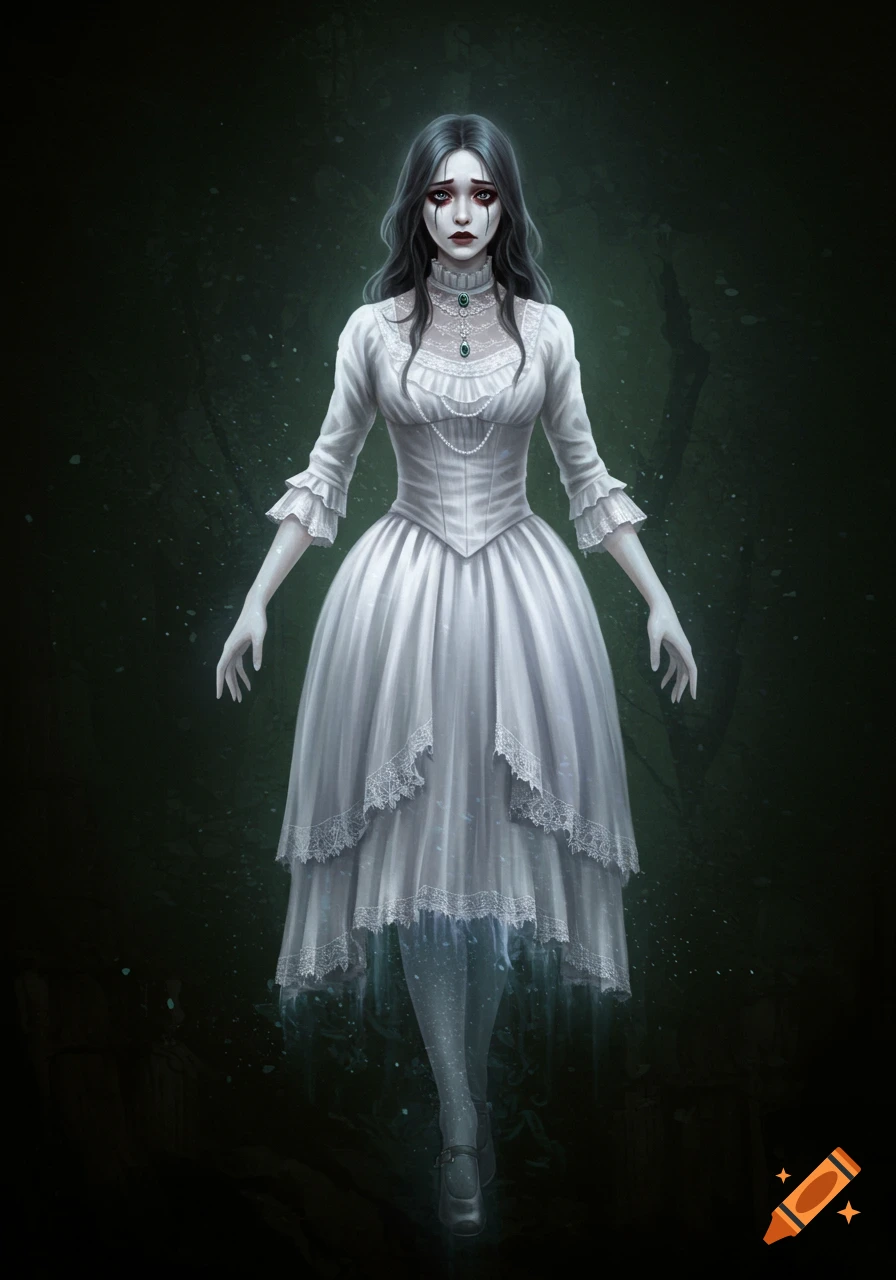 A white lady ghost in a Victorian gothic dress floats against a dark background.