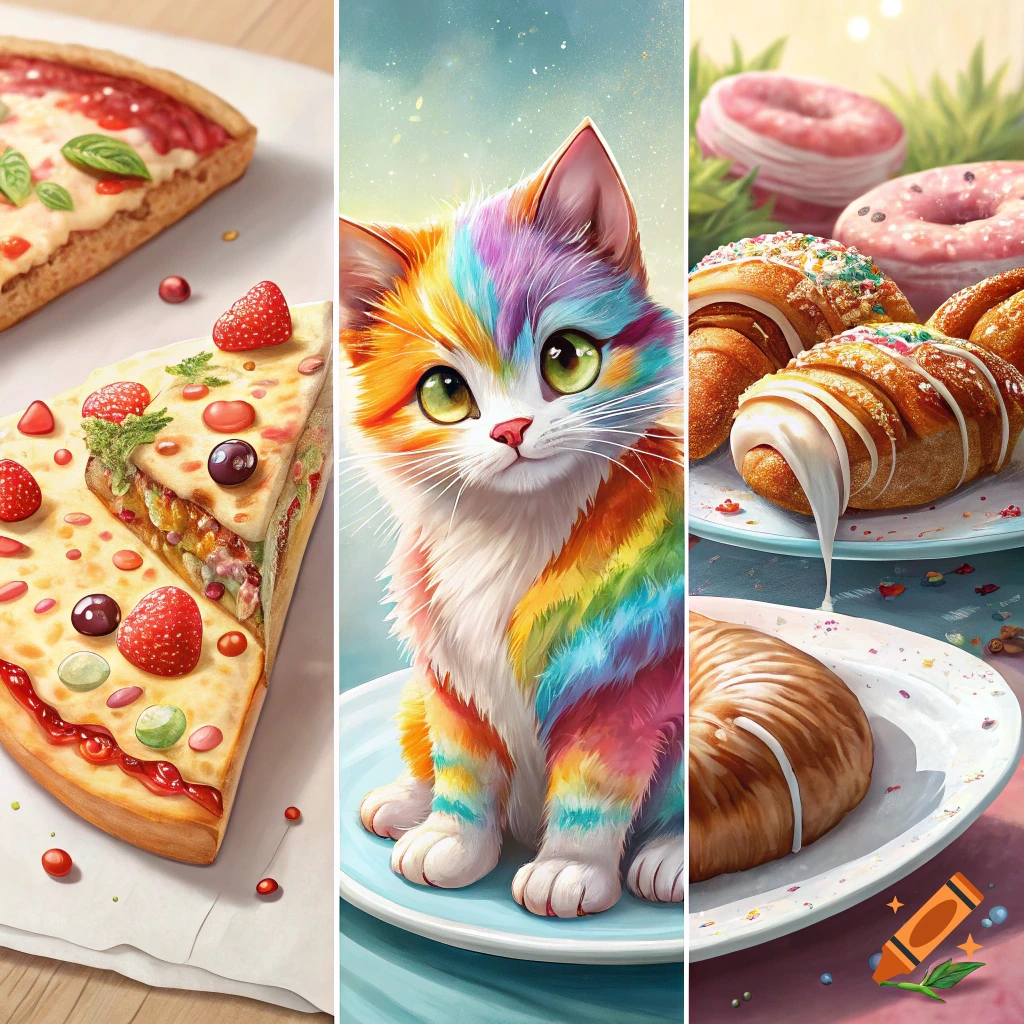 A triptych image showing a slice of pizza, a rainbow-colored kitten, and assorted pastries.