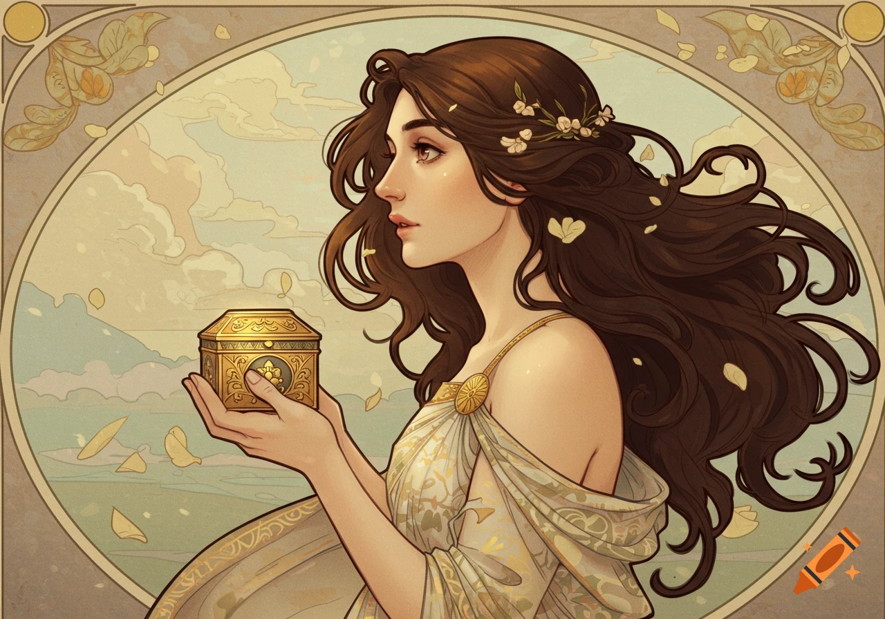 A woman with long brown hair holds a golden box in an art nouveau style.