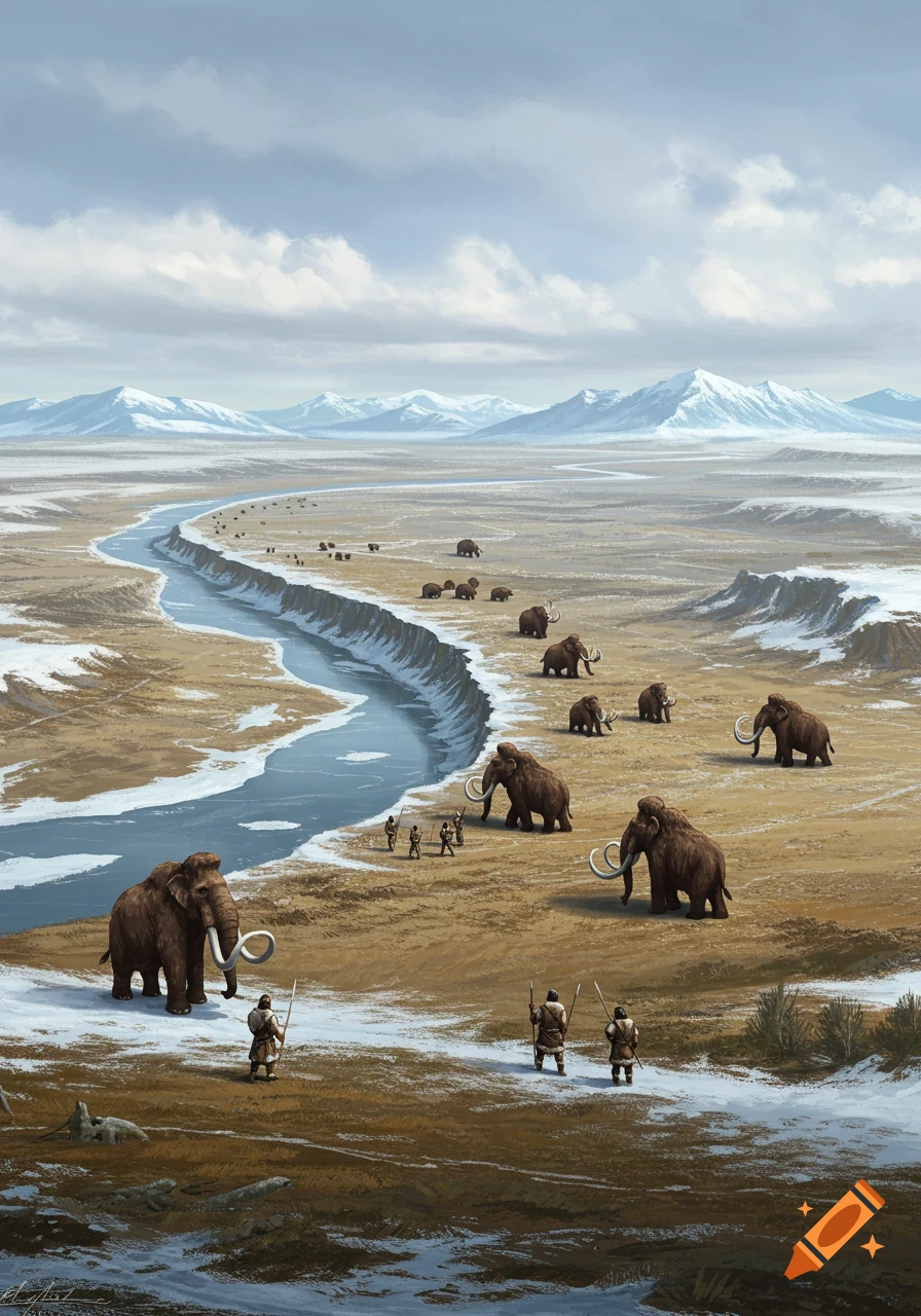 Painterly illustration of woolly mammoths and humans near a river in a snowy landscape with mountains.