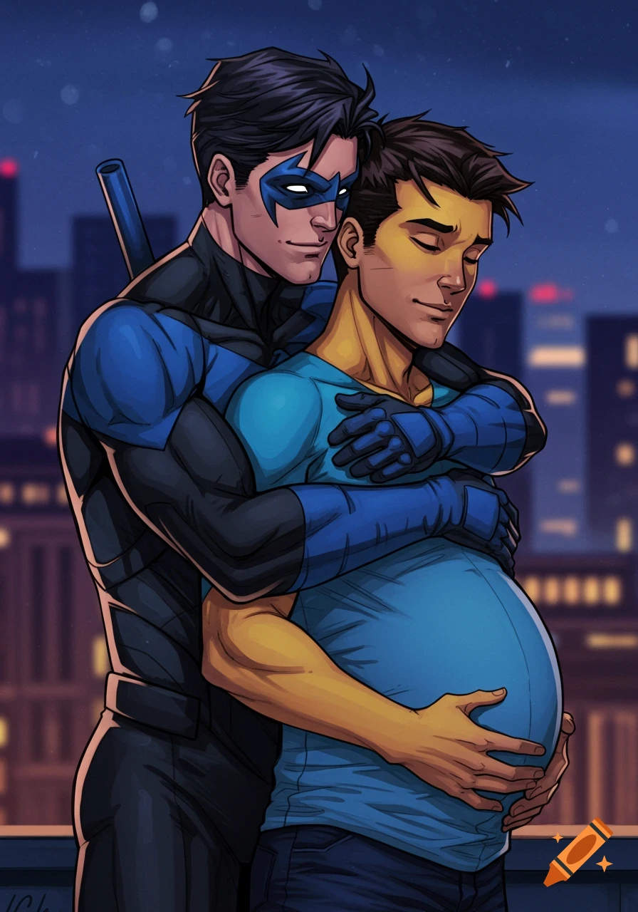 Nightwing hugs a pregnant Mark Grayson from behind on a rooftop in a comic illustration.