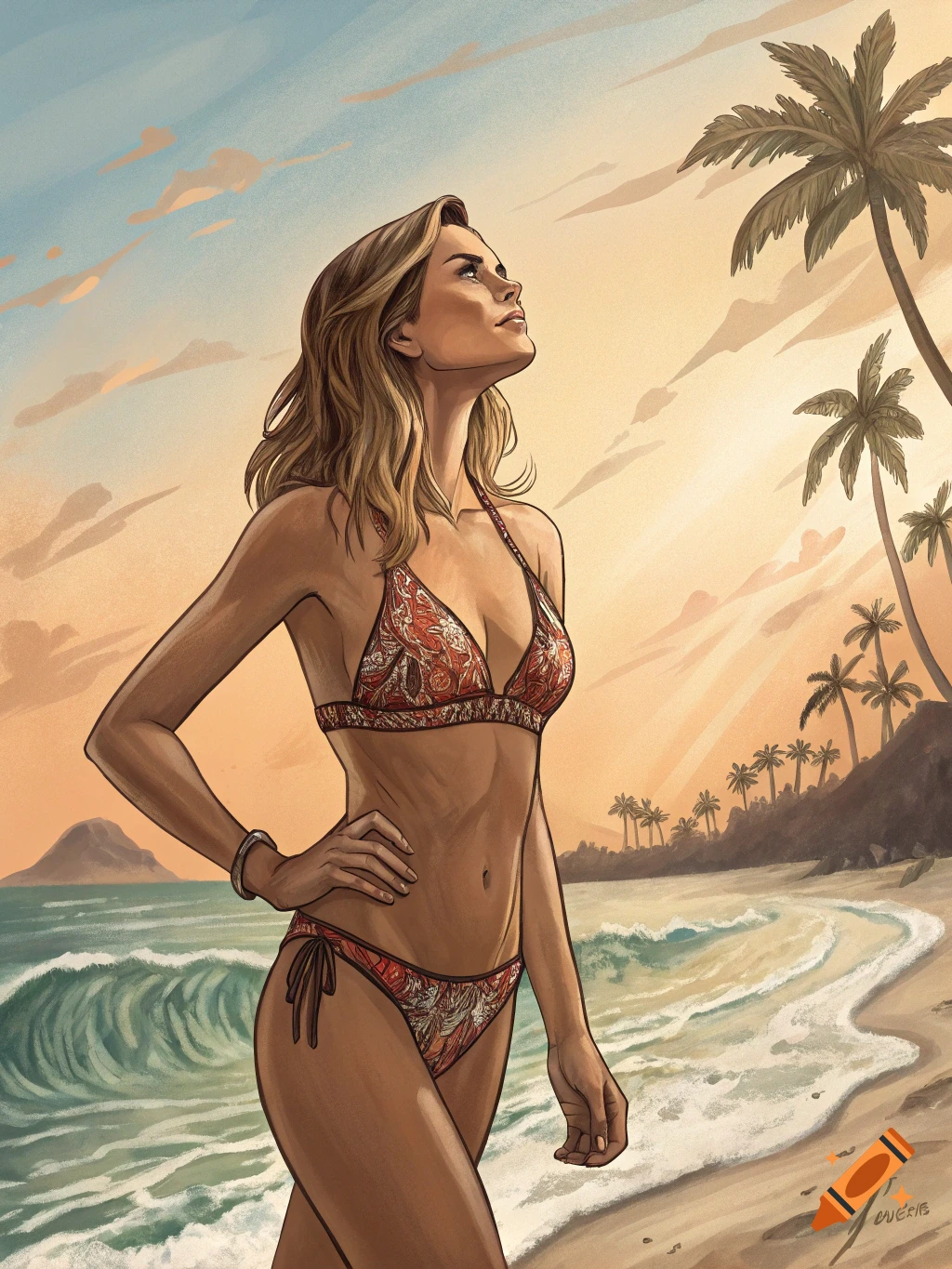 Illustration of a woman in a bikini on a tropical beach at sunset.