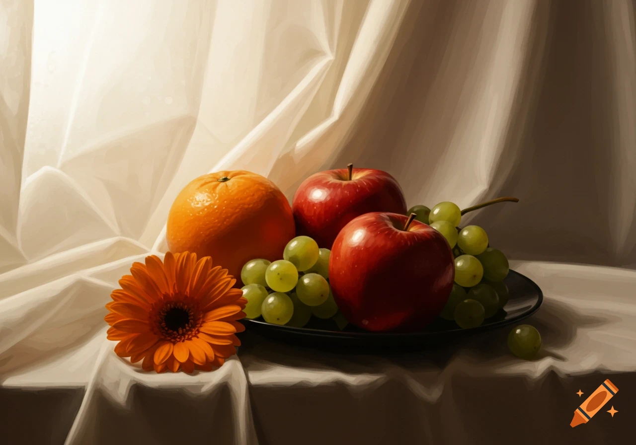 A still life painting of an orange, two red apples, green grapes, and an orange gerbera daisy on a black plate, set against cream draped fabric.