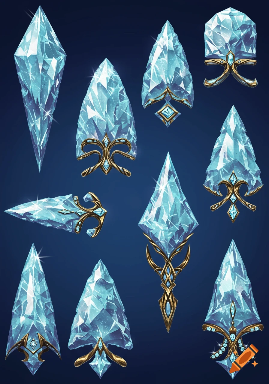 A collection of faceted diamond or ice arrowheads with decorative gold and jewel accents on a dark blue background.