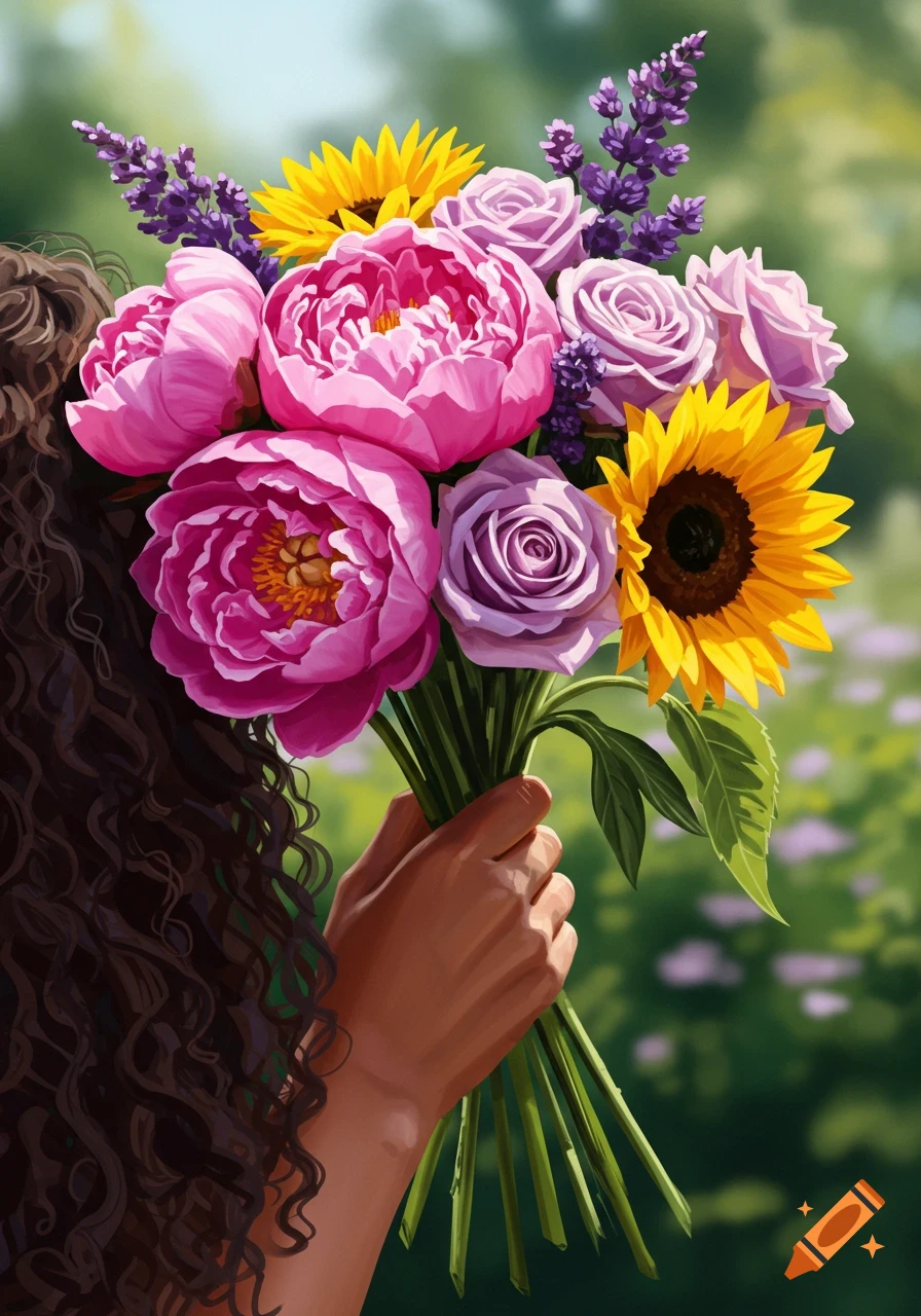 Hand holding a bouquet of pink peonies, purple roses, sunflowers, and lavender.