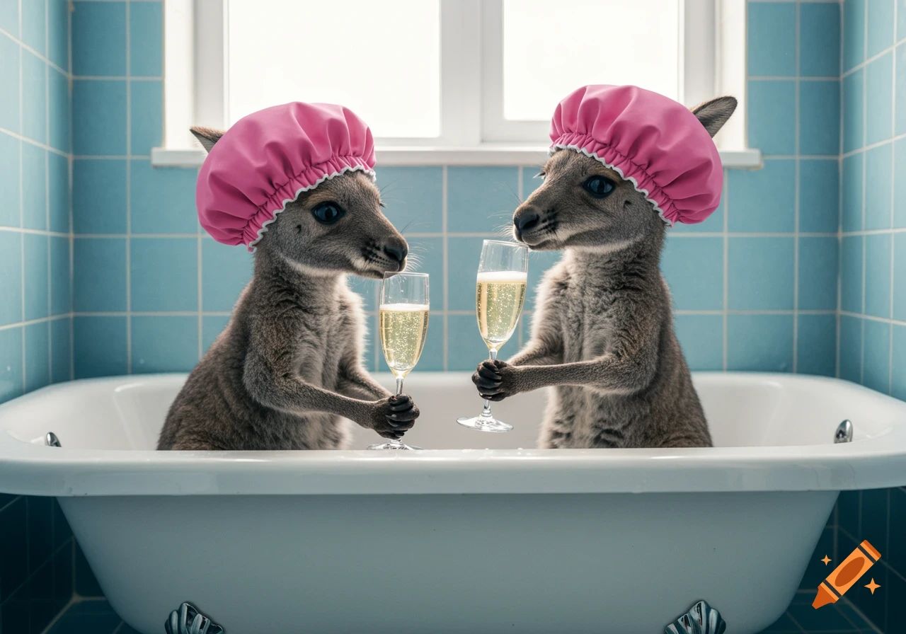 Two kangaroos wearing pink shower caps sit in a bathtub and clink champagne glasses.