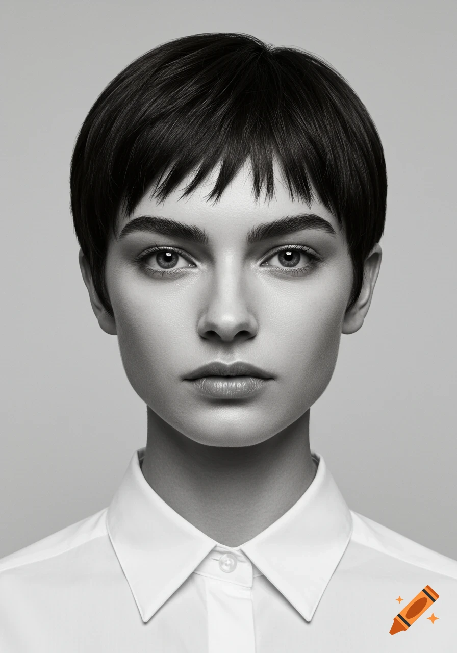Black and white close-up portrait of a woman with short hair and thick eyebrows wearing a collared shirt.