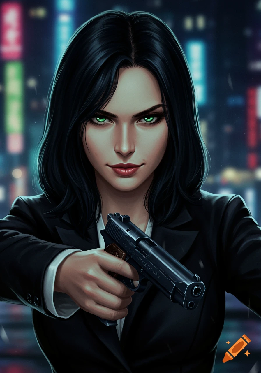 Portrait of a raven-haired woman with green eyes holding a pistol, city lights in background.