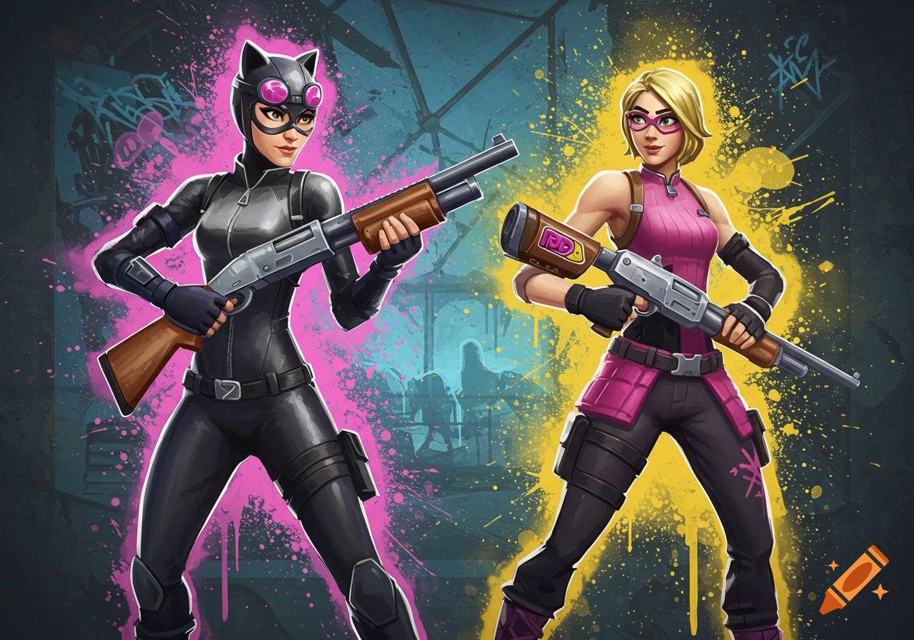 Stylized illustration of two Fortnite characters, one dressed as Catwoman and the other in a pink and black outfit, holding shotguns against a graffiti background.