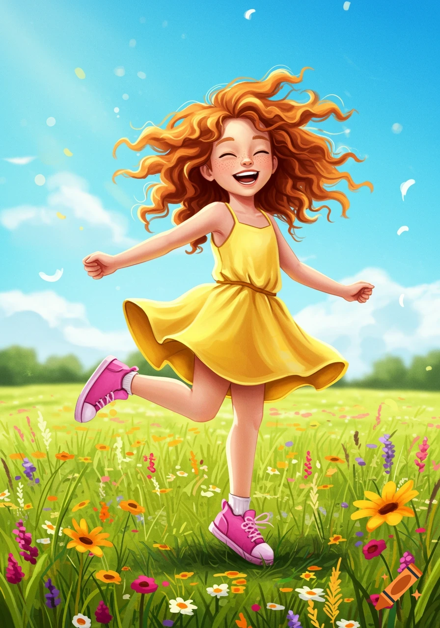 An illustration of a young girl with red hair and a yellow dress dancing in a field of wildflowers.
