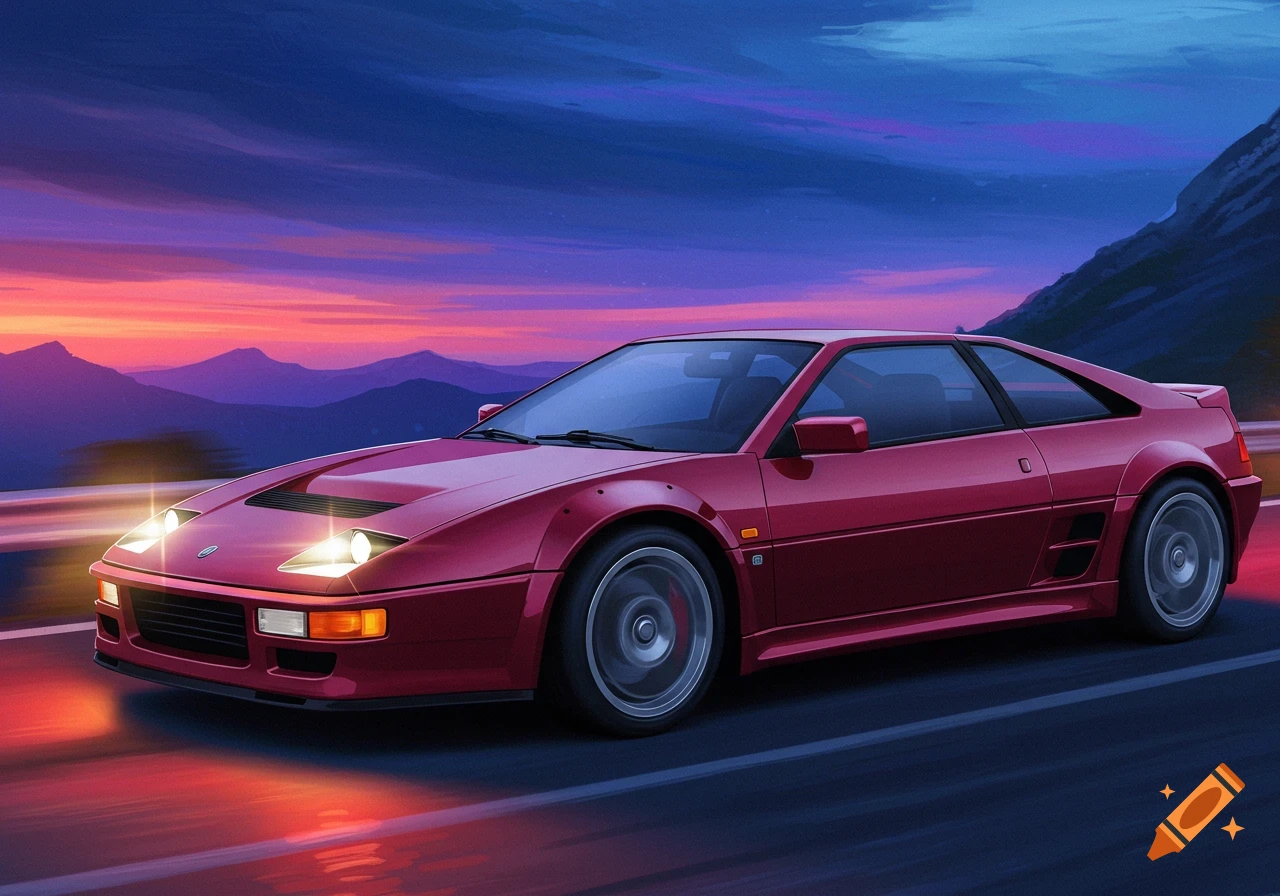 A red sports car drives on a road against a vibrant sunset sky with mountains.