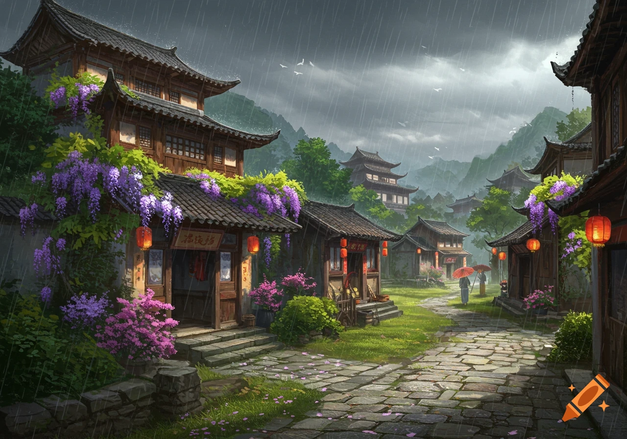 A traditional Chinese village street in the rain with buildings, wisteria, lanterns, and people with umbrellas.
