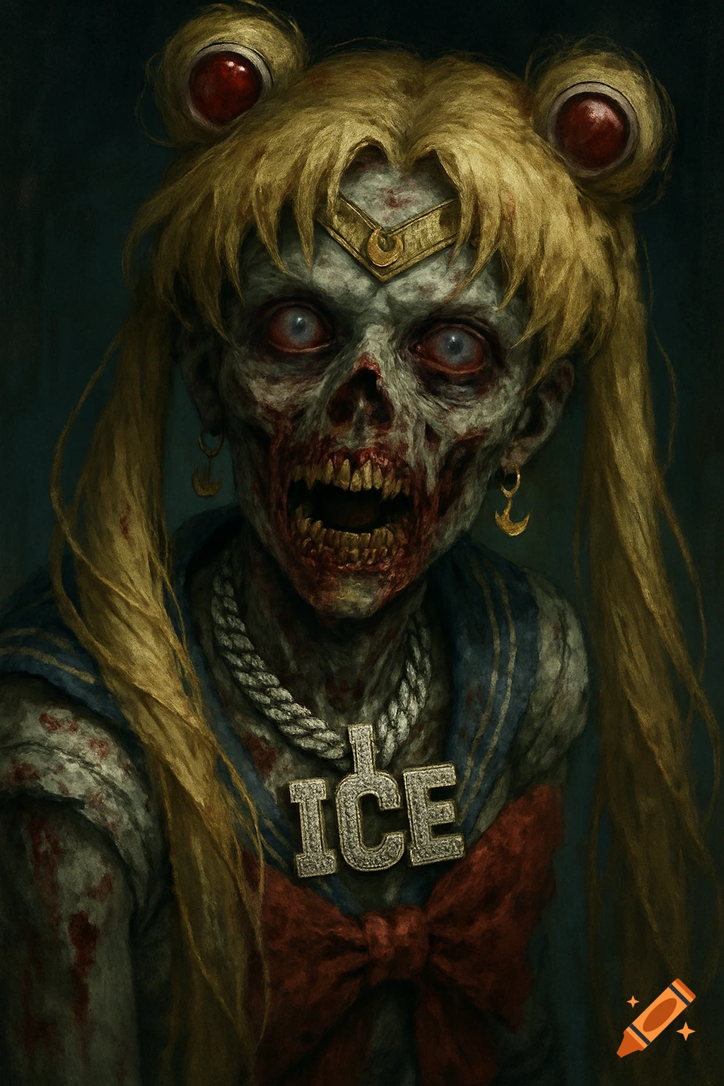 Zombie Sailor Moon wearing an ICE necklace.