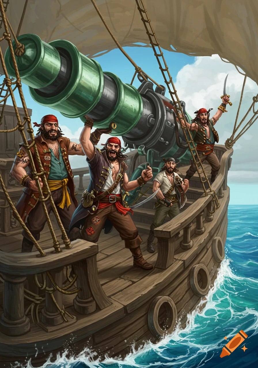 Cartoon illustration of four pirates on a ship with a large telescope or cannon on deck.