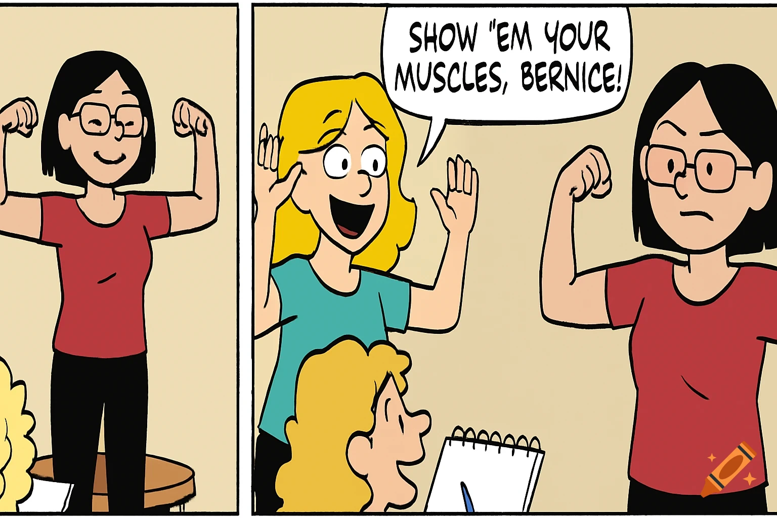 Comic strip panel of Bernice flexing muscles while Luann cheers.