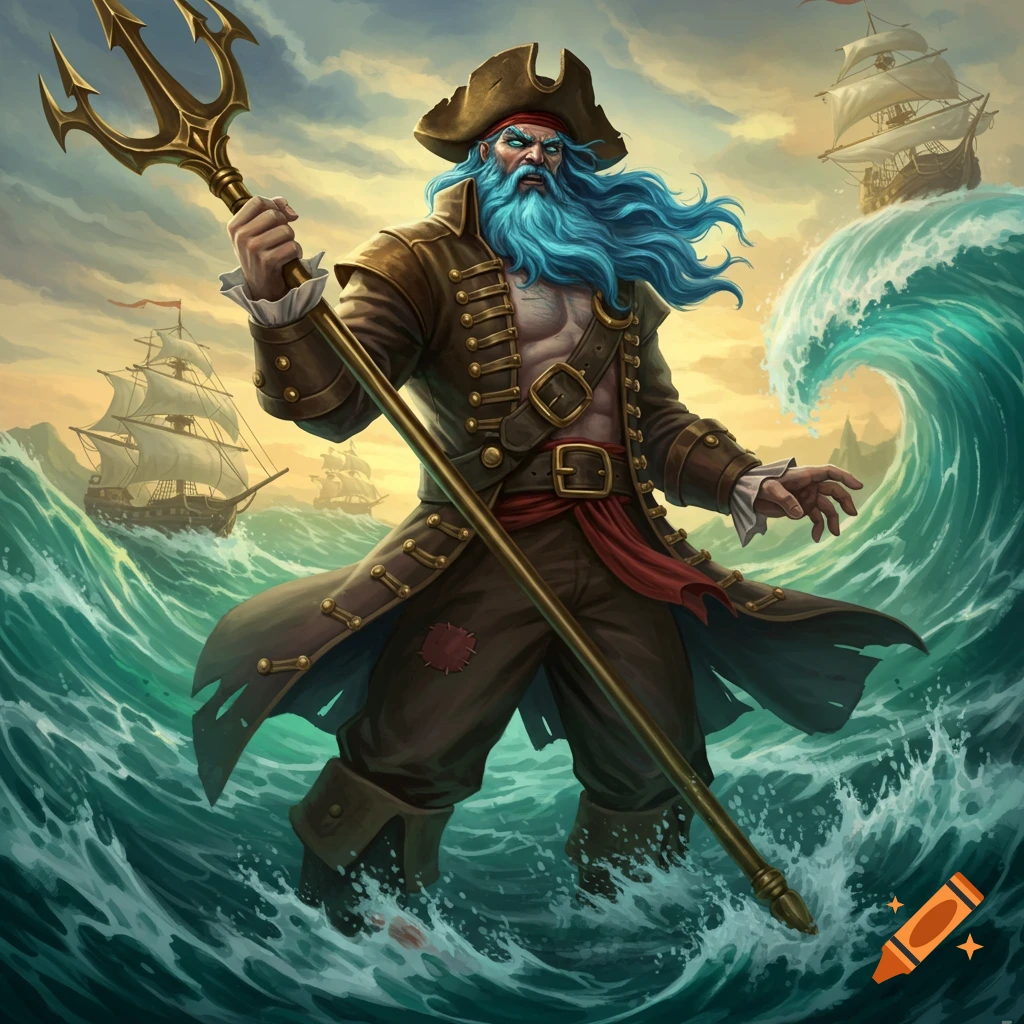 Fantasy illustration of a muscular pirate with a blue beard holding a trident in rough seas with ships