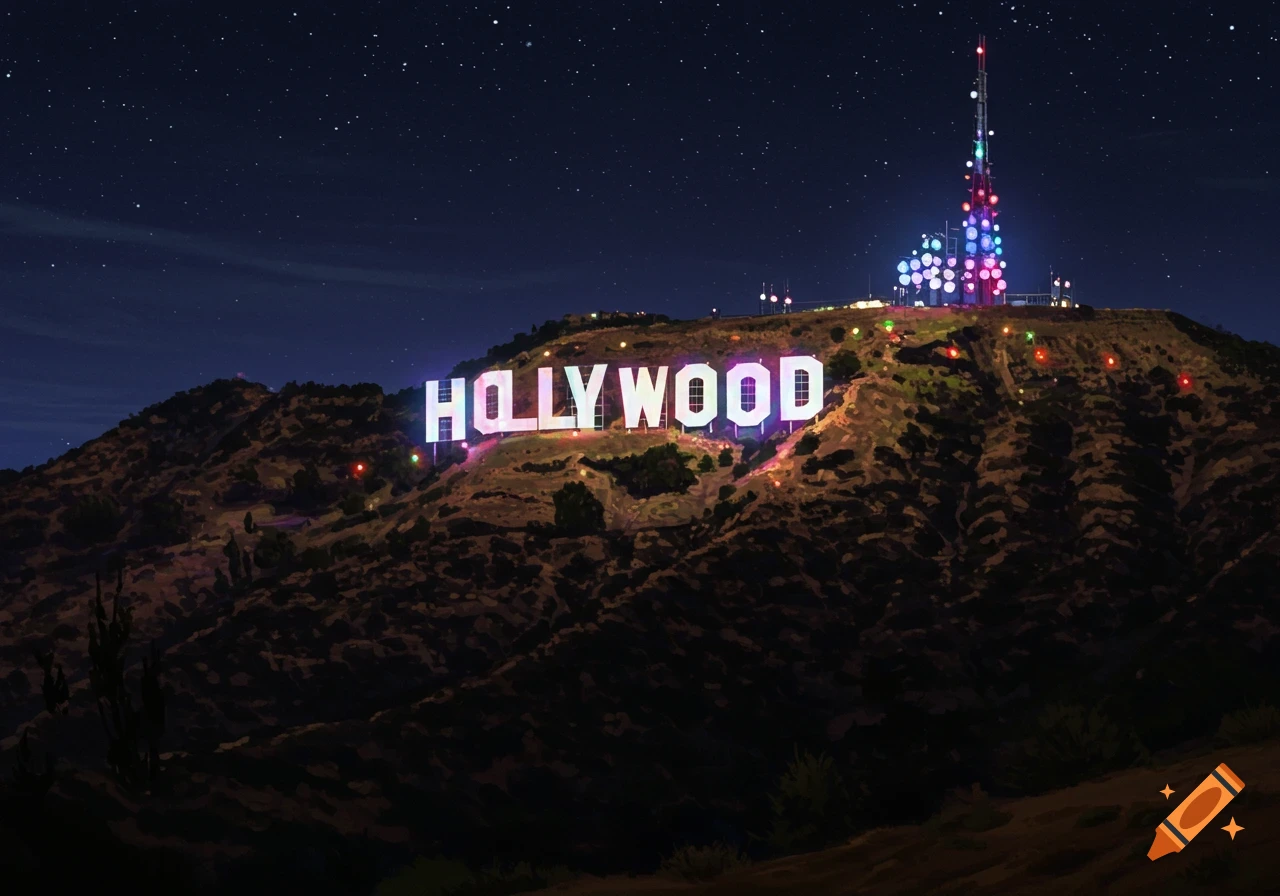 The Hollywood sign lit up at night with a starry sky behind it on a hillside.