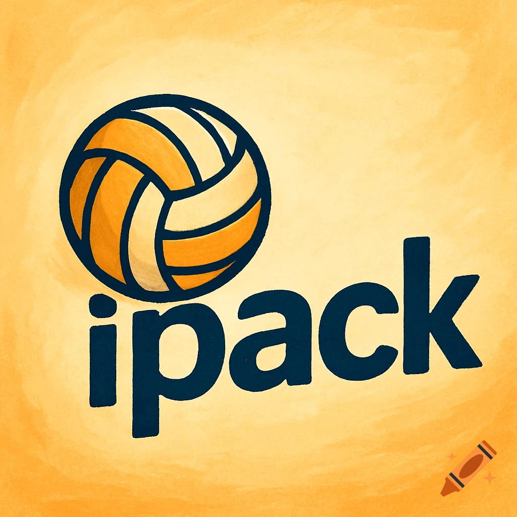 A logo with a volleyball and the text ipack on a yellow textured background.