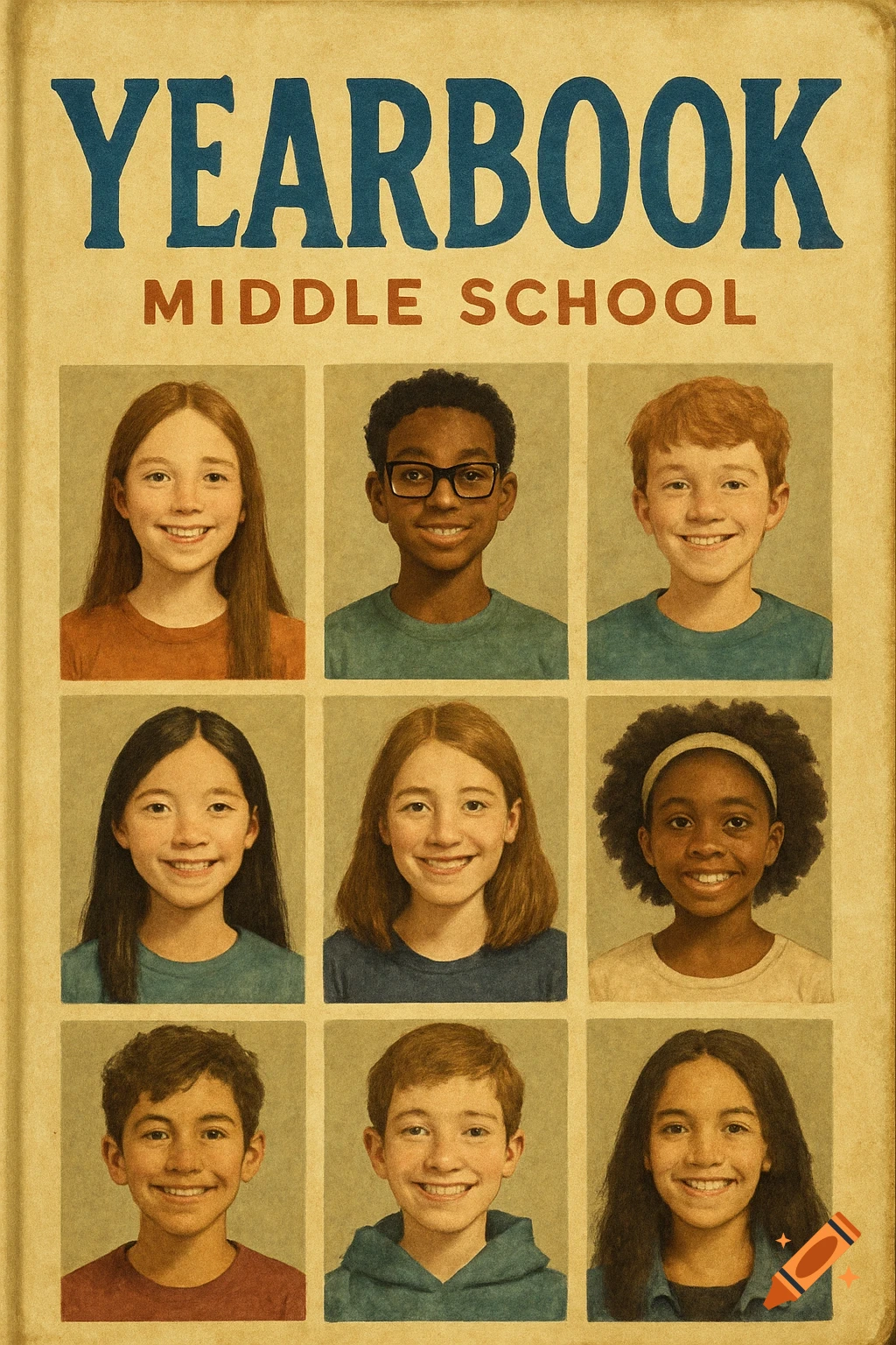 Yearbook cover with title and nine portraits of smiling middle school students.