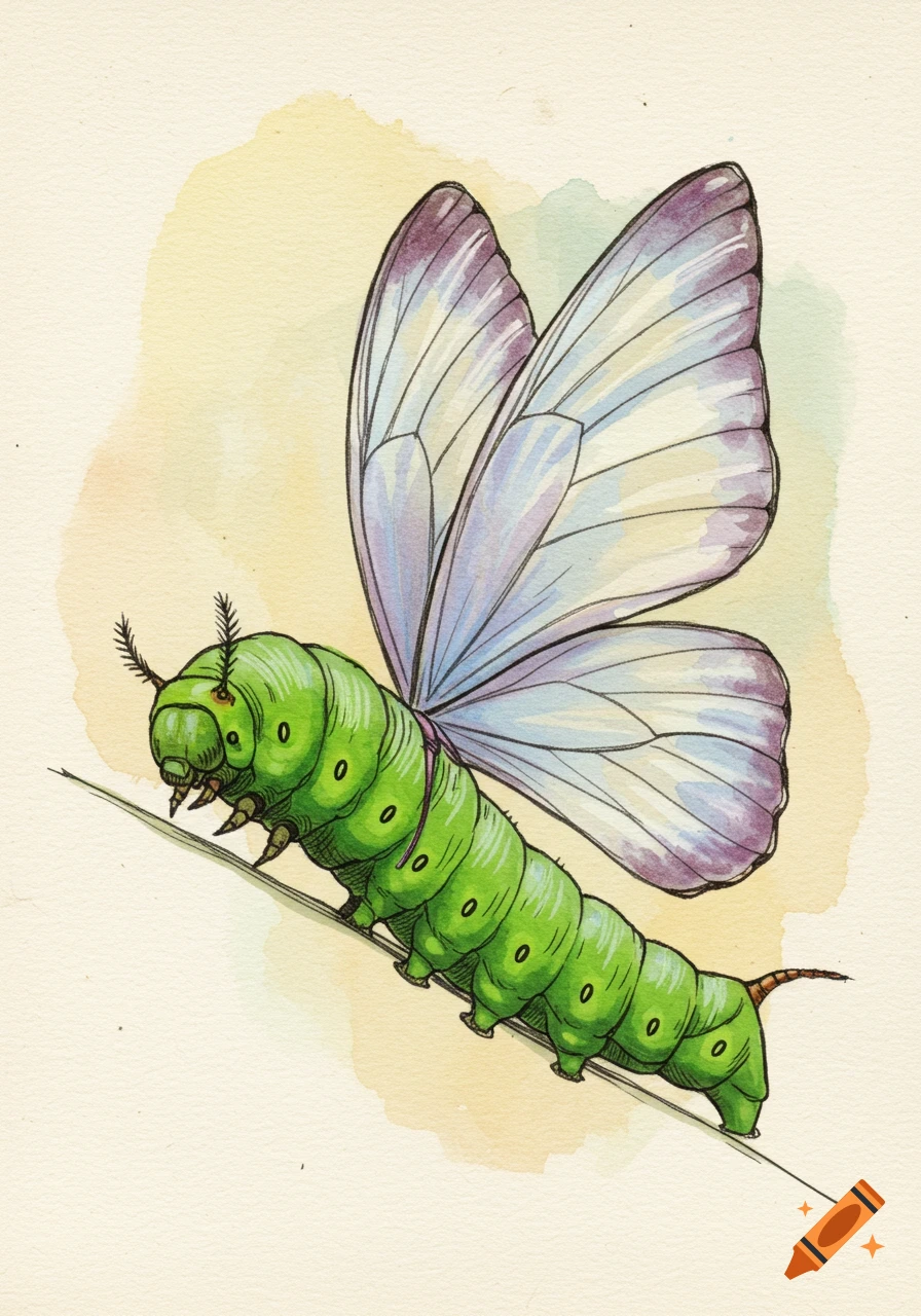 Watercolor and sketch illustration of a green caterpillar with light-colored butterfly wings crawling on a line.