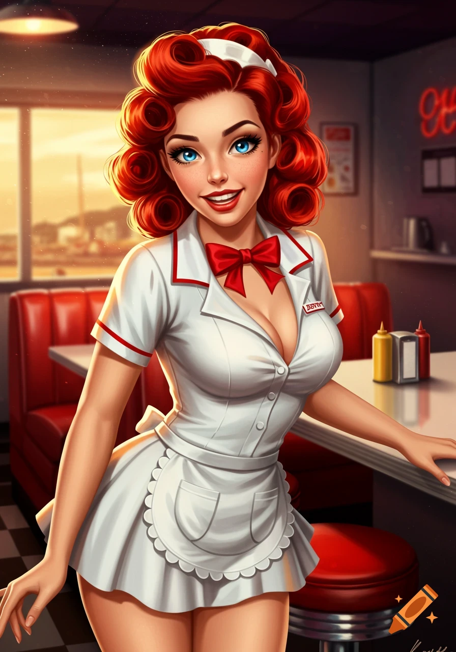 Pinup style illustration of a smiling waitress in a diner
